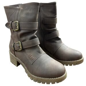 Global Win Womens Size 5.5 Brown Faux Leather Lace Up Mid Calf Motorcycle Boots